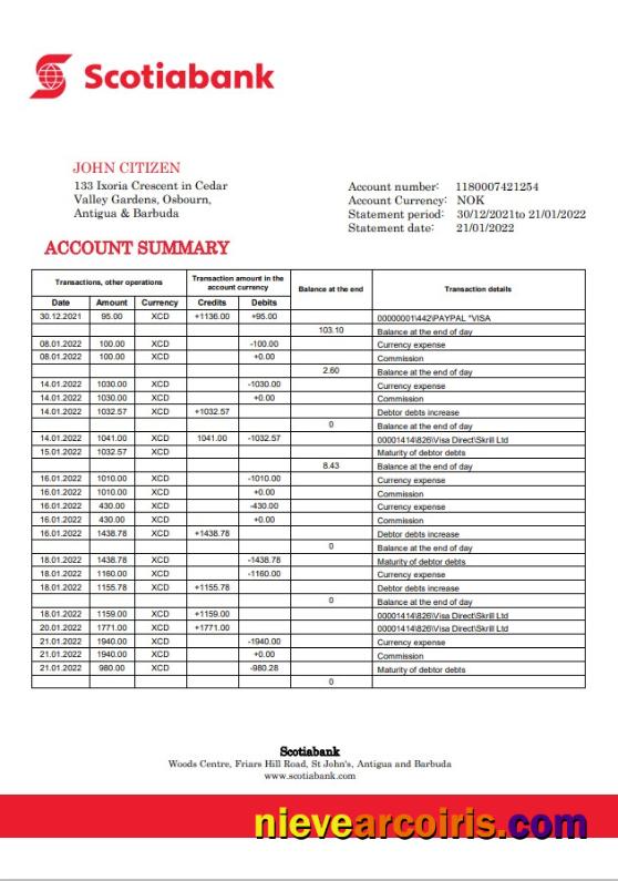 Antigua and Barbuda Scotiabank bank statement